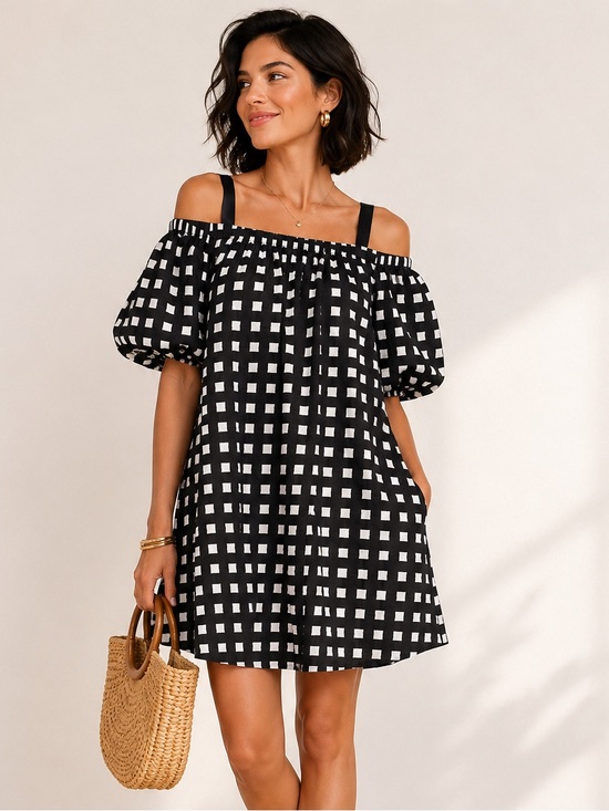 Setirom Dresses & Skirts - Setirom Black White Check Puff Sleeve Off Shoulder Mini Dress Small